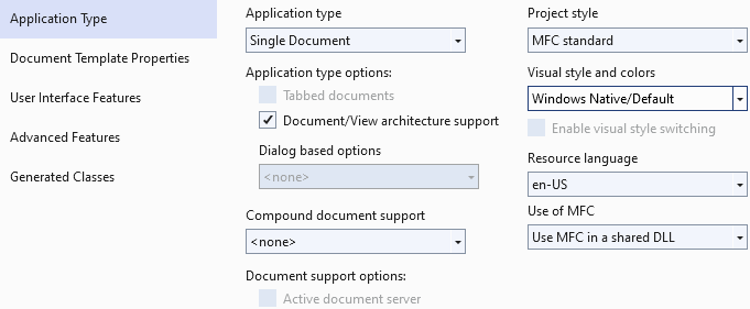 Application Type menu