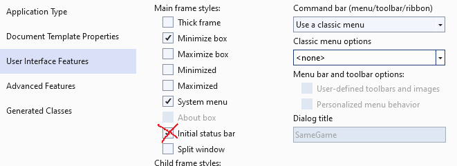 User Interface Features menu